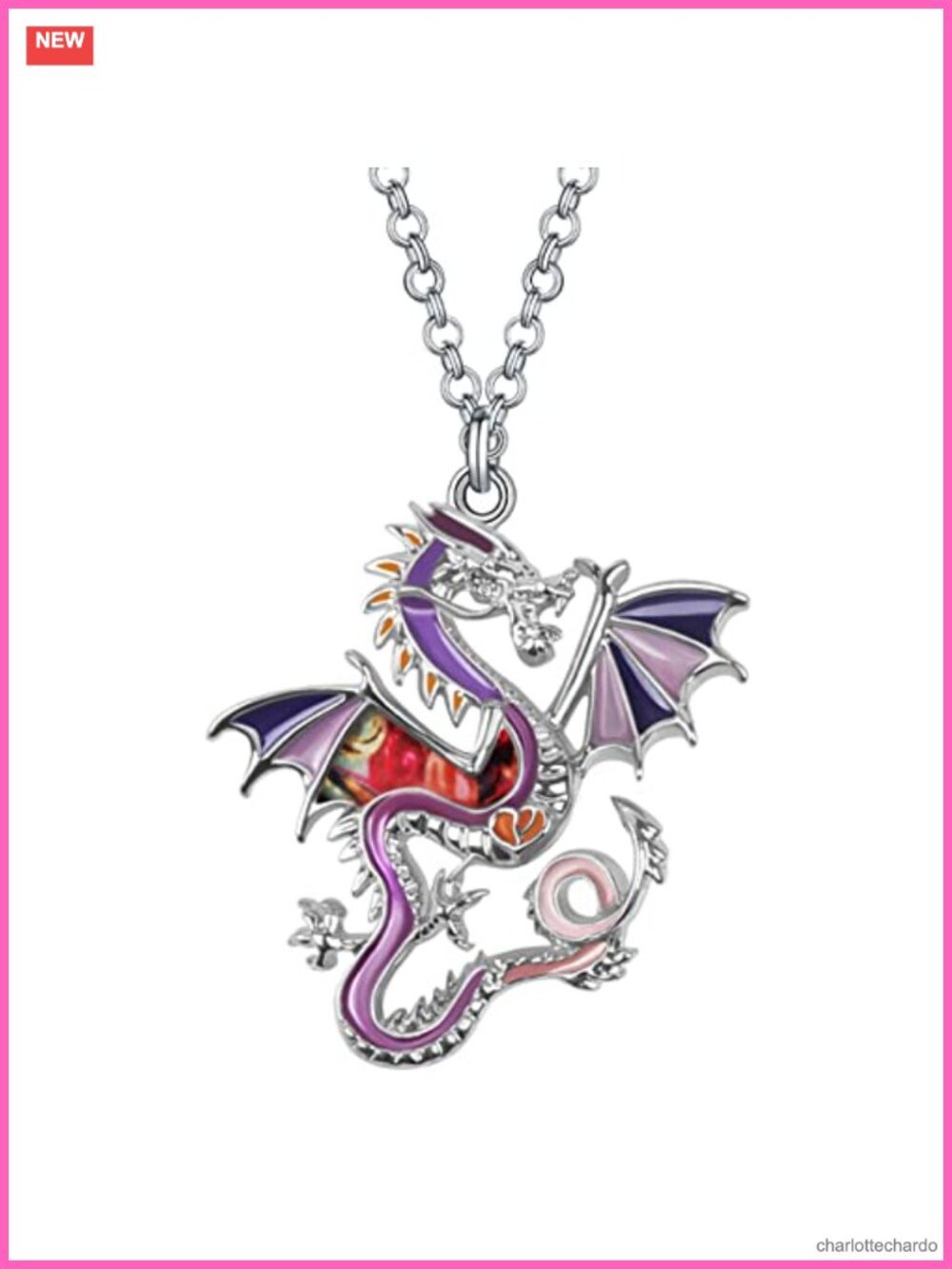 Enamel Dragon Dinosaur Pendant Necklace Fantasy Jewelry